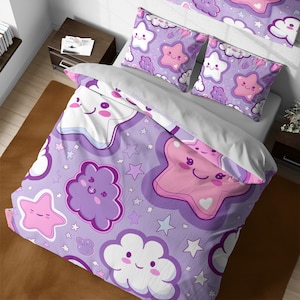 Cute kids bed time duvet cover set, space themed nursery, cartoon clouds and stars bedding, bed time, girl room decor, toddler purple duvet