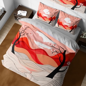 Coral pink sky & japanese sakura trees abstract bedding set, cute cherry blossoms bedspread, girly room decor, japanese blossom decoration