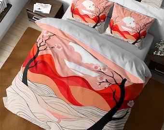 Coral pink sky & japanese sakura trees abstract bedding set, cute cherry blossoms bedspread, girly room decor, japanese blossom decoration