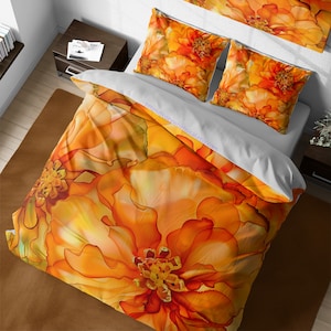 Dekbedovertrekset zonsondergangoranje bloemen, alcoholinkt abstracte aquarelbloemen, herfst wilde bloemen dekbedovertrek esthetiek, beddengoed koningin koning