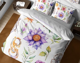 Vintage Folklore Botanical Bedding Set, Mystical Boho Flowers Duvet Cover, Shabby Chic Quilt Cover, Magical Room Decor, King Bedding Set