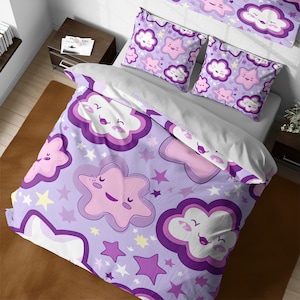 Kids cute colorful purple duvet cover set, cartoon clouds and stars bedding, space themed nursery bed time, girl room decor, toddler bedding