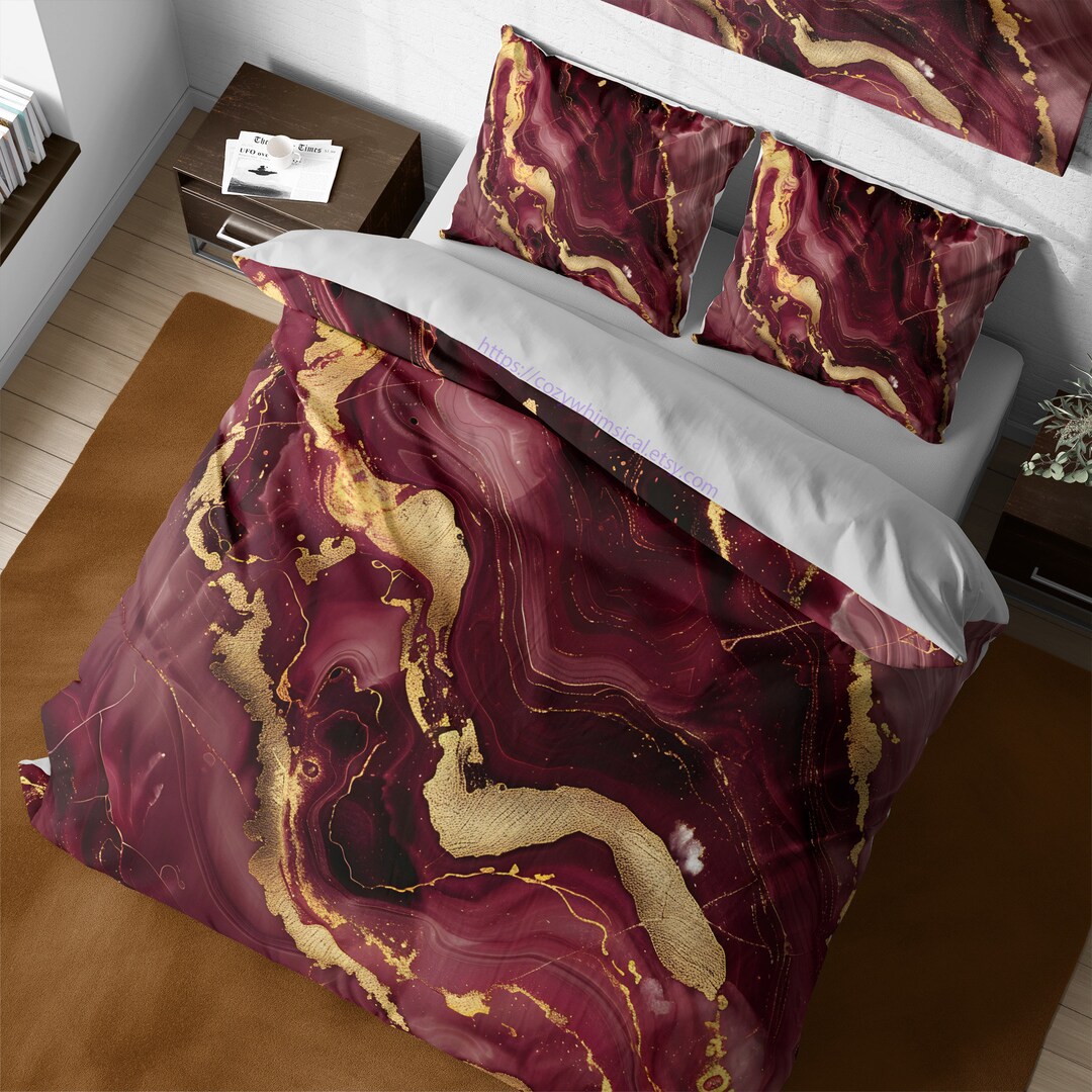 Wine Burgundy Marble Duvet Cover, Luxury Abstract Gold Tint Bedroom Set ...