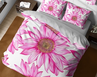 Hot pink boho gerbera daisy flowers duvet cover set, aesthetic floral quilt cover, girly room wildflower bedding, boho chic king bedding set