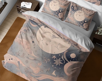 Celestial Moon Bedding Cotton Duvet Cover Set, Cosmic Galaxy Quilt Cover, Vintage Bedspread, Reversible Zipper Bed Cover, Gothic Bedroom