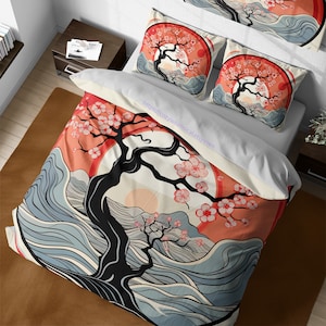 Retro abstract japanese sunrise bedding set, abstract gray mountain & sakura tree duvet cover, oriental japanese cherry blossoms decoration