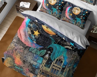 Mid Century Gothic Cityscape Bedding Set, Witchy Whimsical Moon & Colorful Stars Duvet Cover, Goth Room Decor, Black Reversible Duvet Cover