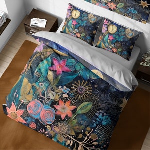 May include: A duvet cover with a dark blue background featuring a whimsical floral pattern with gold accents. The pattern includes flowers, leaves, and clock faces. The duvet cover is made of soft, comfortable fabric.