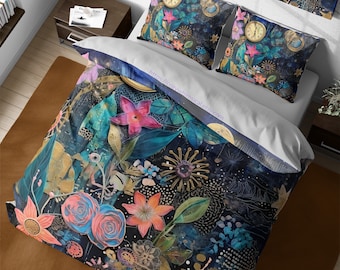 Vintage Eccentric Flowers & Clock Bedding Set, Quirky Whimsical Floral Bedroom Decor, Artistic Duvet Cover, Full King Queen Dorm Bedding Set