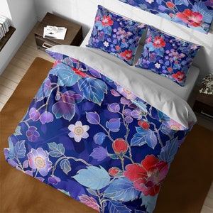 Colorful Japanese Camellia & Bellflower Bedding Set, Red Purple Duvet Cover, Floral Quilt Cover, Oriental Gift Sets for Family