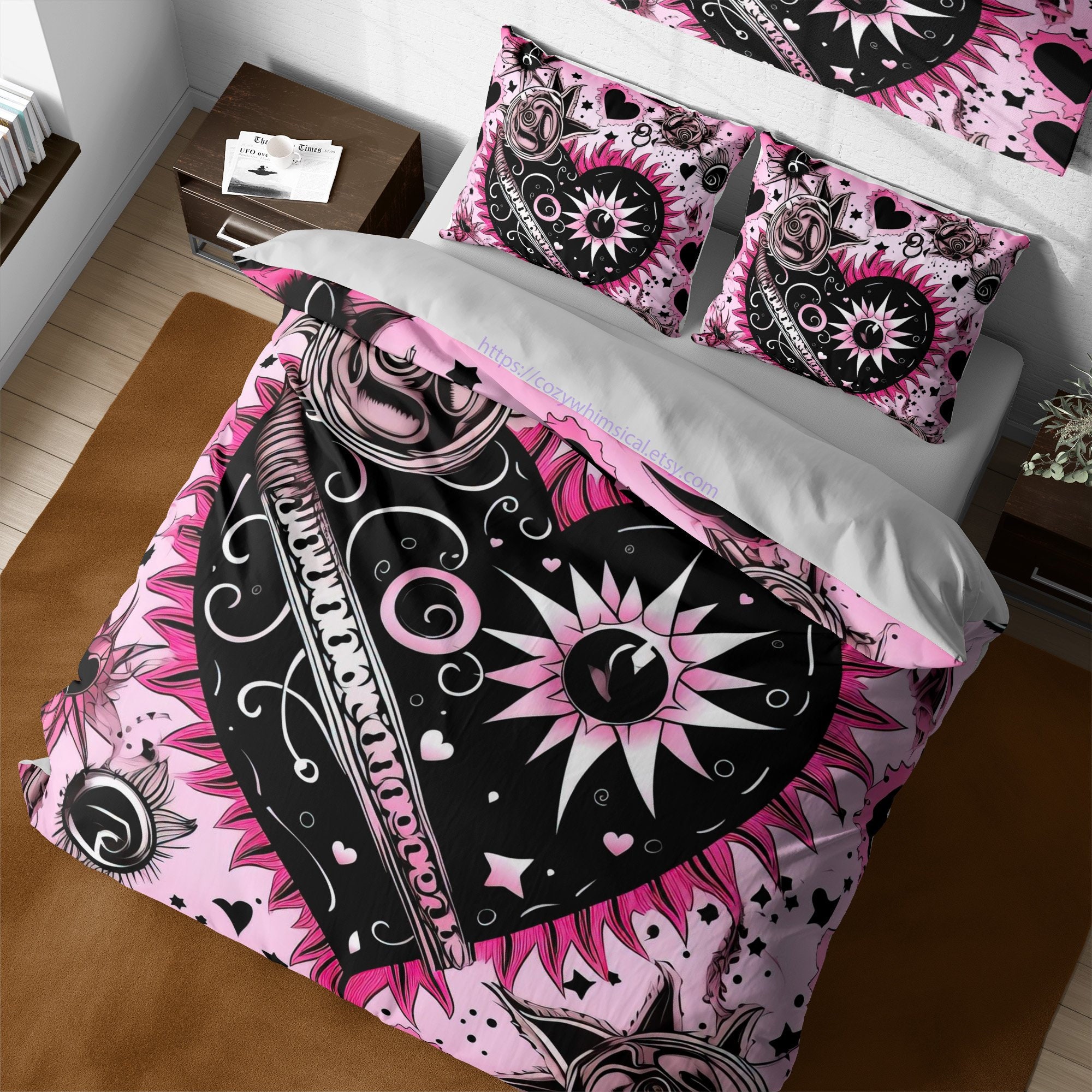 Pink Punk Emo Heart Duvet Cover Set, Emo Girl Goth Cotton Bedding, Pop ...