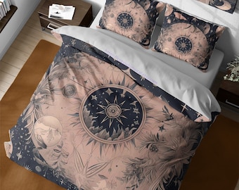 Vintage Celestial Galaxy Cotton Duvet Cover Set, Artistic Space Zipper Bedding, Cosmic Quilt Cover,  Reversible Bed Cover, Gothic Bedroom