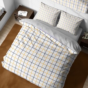 Blue and Yellow Gingham Grid Check Bedding, Cute Plaid Duvet Cover Set, Aesthetic Zipper Bedding, Kids Room, Full Queen Check Bedding Set