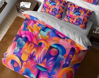 Moderne abstracte geometrische kunst dekbedovertrekset, kleurrijke levendige kleuren sprei, retro funk beddengoed, futuristisch dekbed, volledige koning koningin