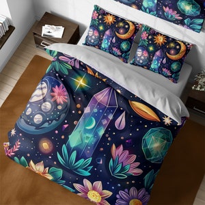 Vintage Astral Cosmic Night Sky Bedding Set, Celestial Crystal Moon & Stars Duvet Cover, Magical Galaxy, Whimsy Floral Fantasy Bed Cover