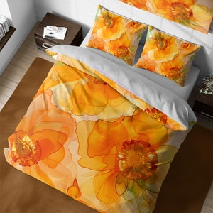 Autumn Sunset Flower Duvet Cover Set, Watercolor Floral Bedspread, Orange Flowers Aesthetic, Abstract Wildflowers Duvet, Queen King Bedding