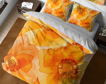 Autumn Sunset Flower Duvet Cover Set, Watercolor Floral Bedspread, Orange Flowers Aesthetic, Abstract Wildflowers Duvet, Queen King Bedding