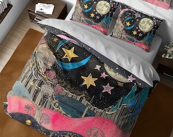 Boho Celestial Moon & Stars beddengoed, eigenzinnige grillige Goth kamer decor, vintage artistieke dekbedovertrek, volledige King Queen Dorm Twin beddengoed set