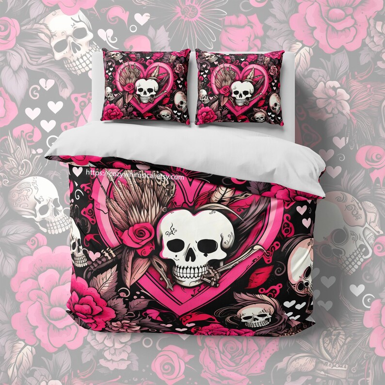 Y2k Pink Gothic Skull Hearts Duvet Cover Set, Rebel Punk Bedding, Emo ...
