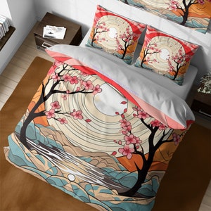 Boho japanese retro oriental sakura trees bedding set, cherry blossoms duvet cover, girly room decor, aesthetic japanese blossom decoration