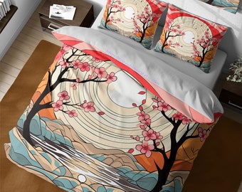 Boho japanese retro oriental sakura trees bedding set, cherry blossoms duvet cover, girly room decor, aesthetic japanese blossom decoration