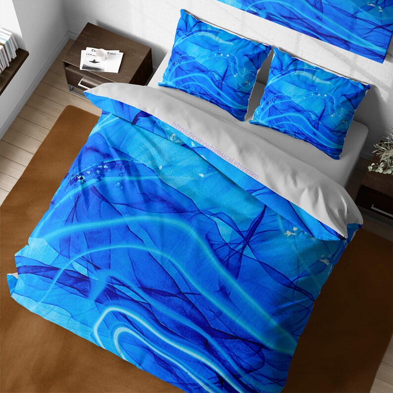Ocean Blue Cotton Duvet Cover Set, Modern Zipper Bedding, Futuristic Quilt Cover, Bedspread