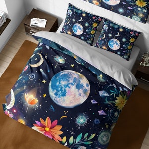 Enchanting Full Moon & Stars Celestial Bedding Set, Boho Floral Whimsical Night Sky Bed Cover, Vintage Hippie Space Galaxy Magical Bed Cover