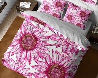 Retro pink boho gerbera daisy flowers duvet cover set, aesthetic floral quilt cover, boho chic girly room bedding, king queen duvet cover