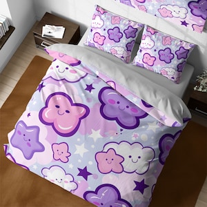 Pastel purple duvet cover set, cute cartoon clouds and stars bedding, space themed nursery, bed time, girl room decor, toddler kids duvet