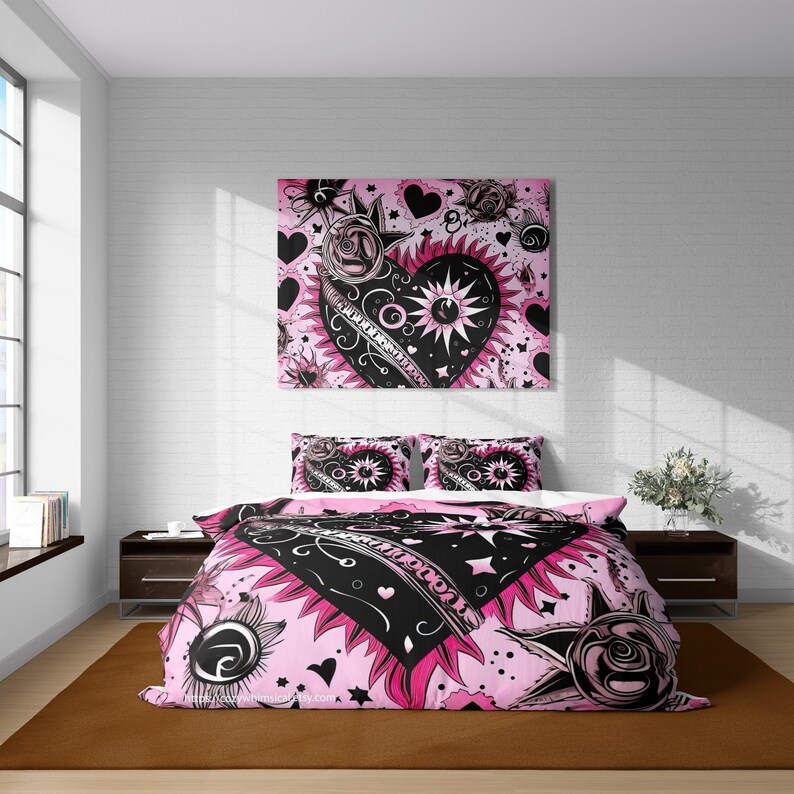 Pink Punk Emo Heart Duvet Cover Set, Emo Girl Goth Cotton Bedding, Pop ...