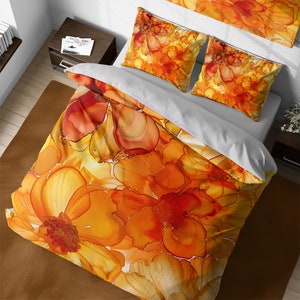Orange Sunflower Duvet Cover Set, Watercolor Floral Bedspread, Yellow Flowers Aesthetic, Abstract Wildflowers Duvet, Queen King Bedding