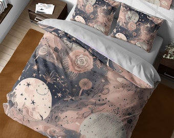 Abstract Celestial Galaxy Cotton Duvet Cover Set, Cosmic Quilt Cover, Artistic Vintage Bedspread, Galaxy Bed Cover, Gothic Bedroom