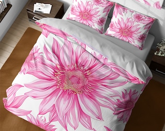 Magenta lily flowers duvet cover set, aesthetic floral quilt cover, boho chic girly room wildflower bedding, king queen dorm bedding set
