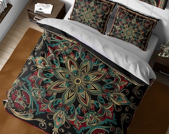 Royal Victorian Style Boho Mandala Bedding Set, Vintage Hippie Duvet Cover, Dark Bohemian Quilt Cover, Full King Queen Twin Dorm Bedding Set