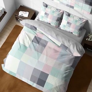 Geometric Pastel Mosaic Bedding, Pixel Square Checkered Plaid Duvet Cover, Cute Aesthetic Bedspread, Queen King Chess Board Bedding Set Full