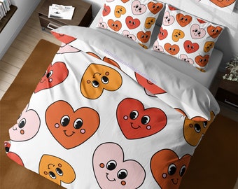 Juego de cama retro con corazones y estilo moderno, bonito juego de edredón, ropa de cama estética hippie, ropa de cama para niños, decoración de habitación de niña, juego de cama para dormitorio tamaño king y queen