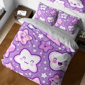 Space themed nursery cartoon duvet cover set, clouds and stars purple bedding, girl's cute cartoon bed time room decor, toddler kids duvet
