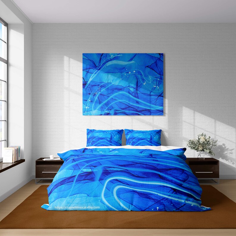 Ocean Blue Cotton Duvet Cover Set, Modern Zipper Bedding, Futuristic Quilt Cover, Bedspread