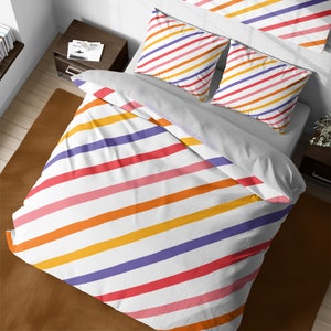 Colorful Rainbow Diagonal Stripe Bedding Set, Retro Stripe Lines Pattern Duvet Cover, Cute Bedspread, King Queen Twin Dorm Bedding Set Full
