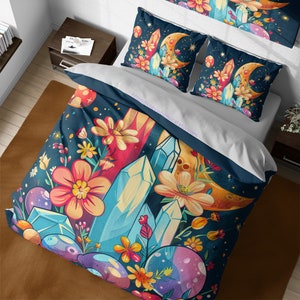 Whimsical Moon Crystals Duvet Cover Set, Vintage Cosmos & Retro Night Sky Stars Bedding, Witchy Floral Reversible Bedspread, Magical Bedroom