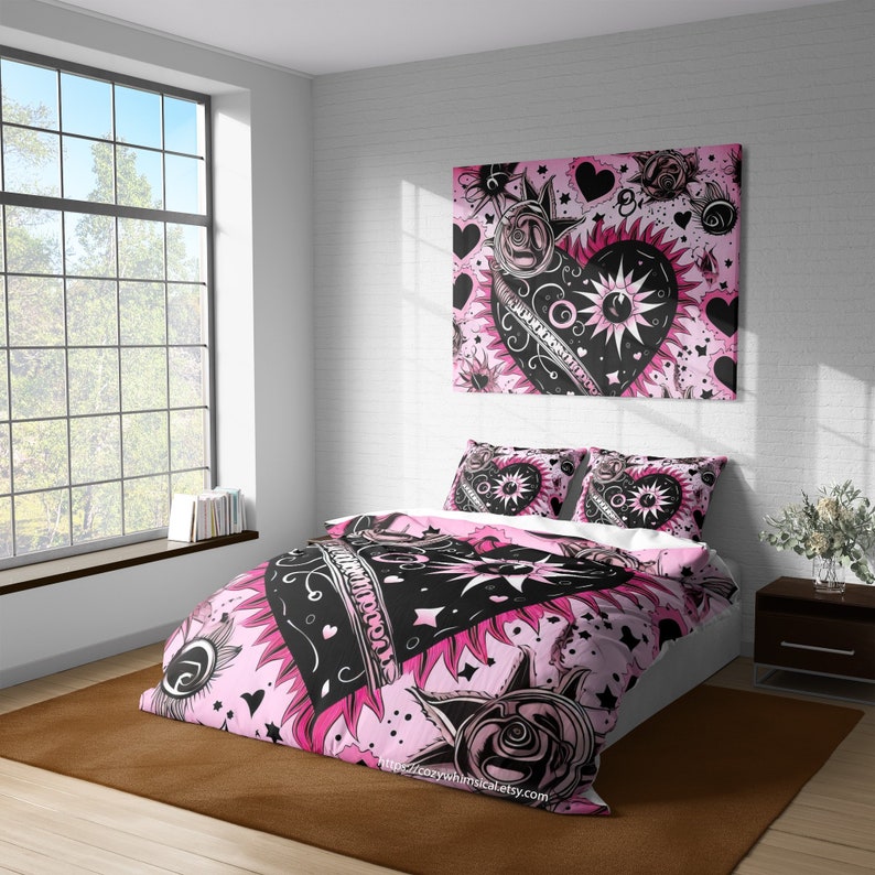 Pink Punk Emo Heart Duvet Cover Set, Emo Girl Goth Cotton Bedding, Pop ...