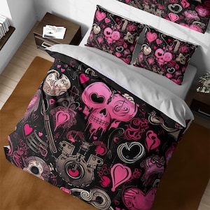 Emo Punk Duvet Cover Set Black Bedding, Emo Gothic Heart Skull Quilt Cover, Rockstar Reversible Bed Cover, Pop Punk Bedroom, Dark Gift Ideas