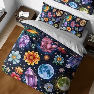 Witchy Crystals & Moon Floral Space Duvet Cover, Mystical Galaxy Aesthetic Bedding Set, Stars Bedding, Astrology Gifts, Gothic Bedroom Decor