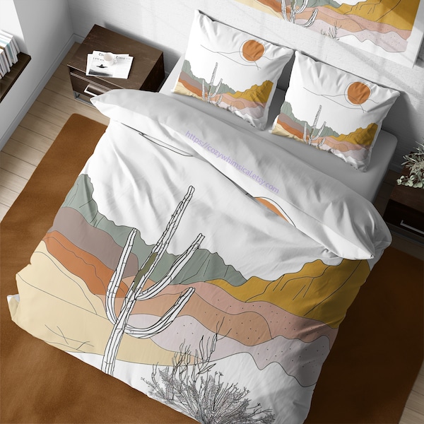 Aesthetic boho abstract line art desert landscape bedding set, desert cactus duvet cover, modern minimalist line drawing, warm tones bedding