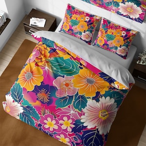 Japanese Chrysanthemum Duvet Cover, Colorful Floral Bedding Set, Magenta Blanket Cover, Girly Bedroom Flowers Bedspread Unique Bed Cover