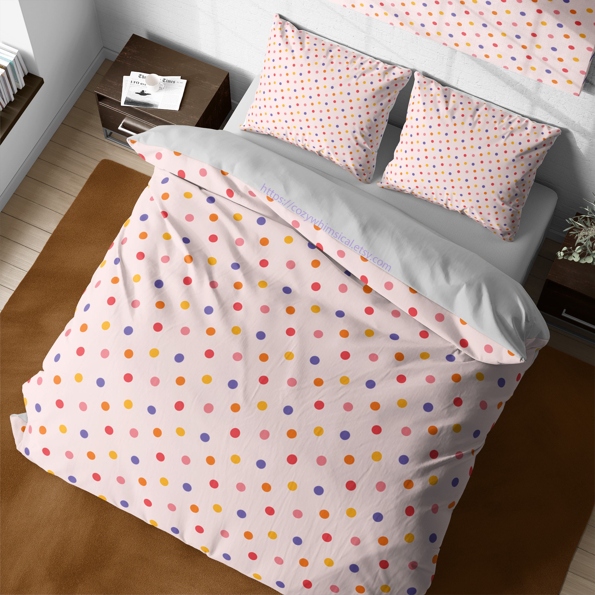 Colorful Rainbow Polka Dots Cotton Duvet Cover, Maximalist Zipper Bedding, Cute Aesthetic Quilt Cover, Boho King Bedding Set Full