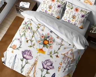 Enchanting Pink Lotus and Candles Folklore Duvet Cover Set, Vintage Whimsical Floral Bedding, Shabby Chic Comforter Set, Magical Room Decor