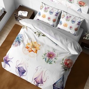 Whimsy Watercolor Succulent Flowers Bedding, Shabby Chic Duvet Cover Set, Watercolor Floral Botanical Boho Twin King Queen Dorm Duvet Set