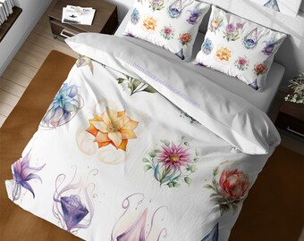 Whimsy Watercolor Succulent Flowers Bedding, Shabby Chic Duvet Cover Set, Watercolor Floral Botanical Boho Twin King Queen Dorm Duvet Set