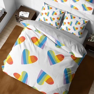 Hippie Hearts Pattern LGBT Pride Bedding, Rainbow Duvet Cover, Gifts for Him Her, Colorful Bedding, Lgbt Gift, King Queen Retro Bedding Set